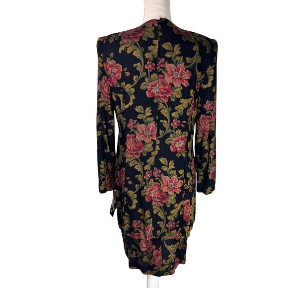 Vintage Virgo II Floral Jacquard Dress Black Gold Red Roses Puff Shoulder Sz 12 - Picture 8 of 13